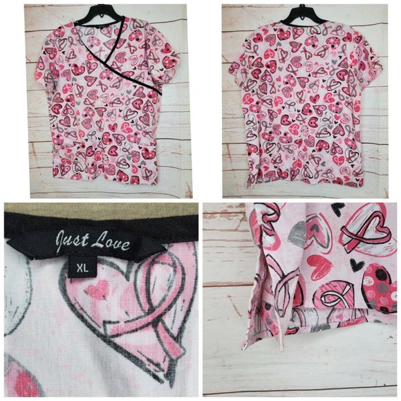 Just Love XL Cotton Blend Pink Heart Machine Washable Scrub Top Style 1382W - Picture 2 of 9